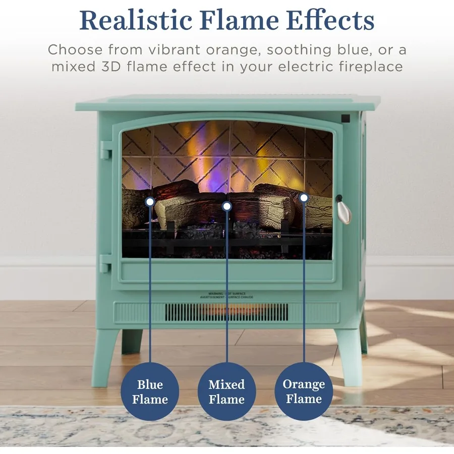 Infrared Freestanding Electric Fireplace Stove Heater in Mineral Blue with Metal Design and Faux Wooden Logs Multiple Flame Col