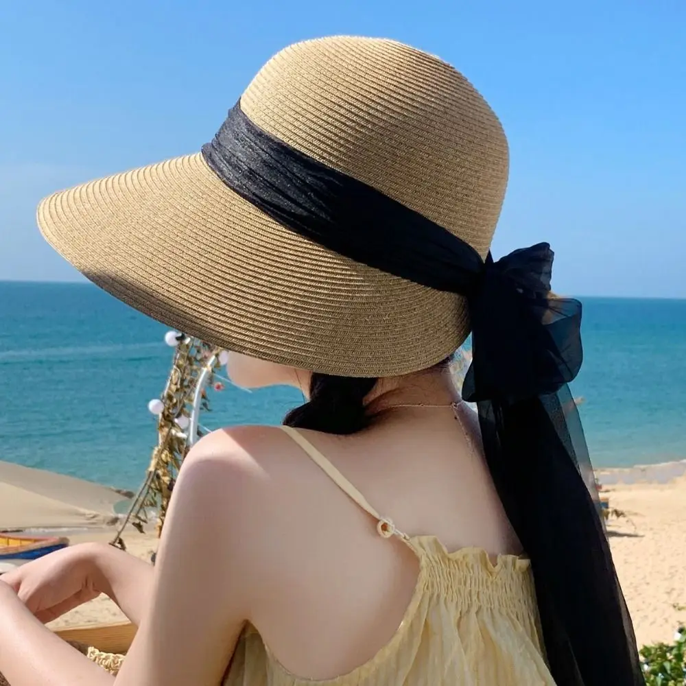 

Fashion Foldable Woman's Straw Hat Wide Brim UV Protection Sun Protection Cap Bow Ribbon Elegant Straw Sun Hat Outdoor
