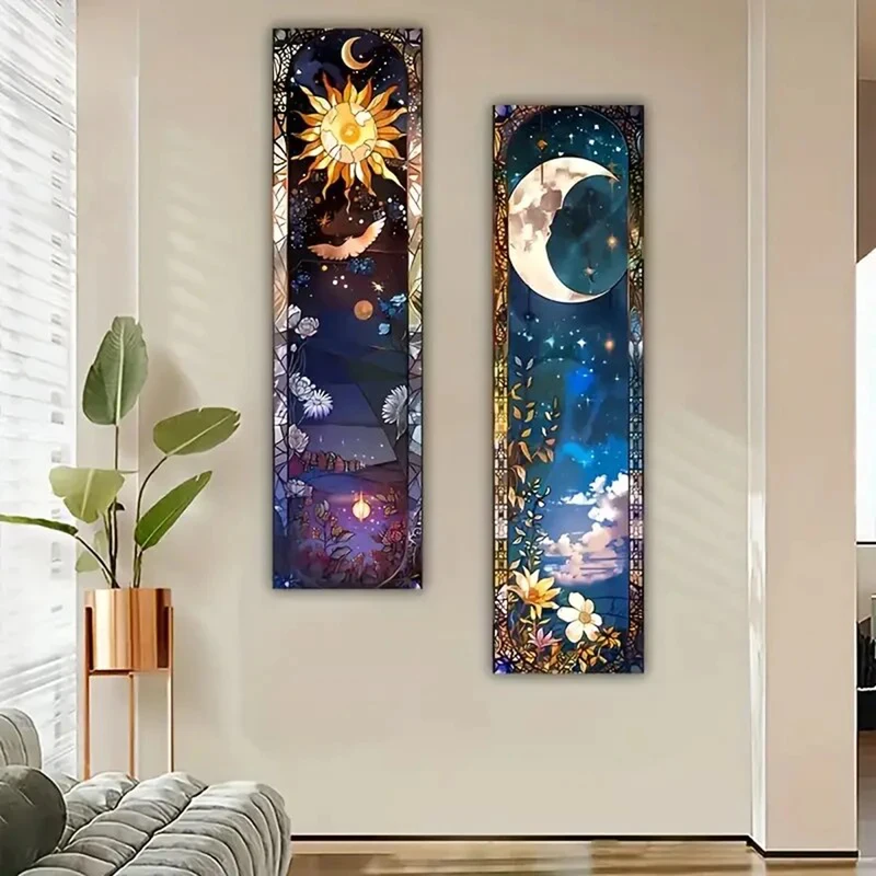 VIKAMA Sun Moon Pair Vertical Tapestry Stained Glass Star Floral Art Nouveau Long Wall Hanging Bedroom Aisle Decor Cloth