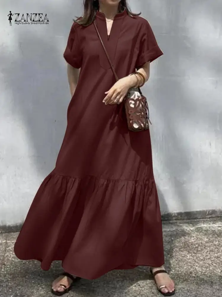 Summer Holiday Long Dress Women Elegant Maxi Sundress Causal V Neck Short Sleeved Vestidos ZANZEA Solid Oversized Robe Femme