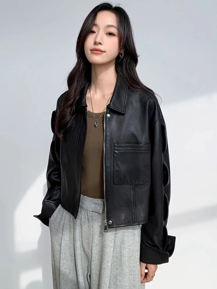 High-waist Short Genuine Leather Jackets for Women Spring Autumn 2025 New High-end Simple Casual Soft Black Real Sheepskin Coat