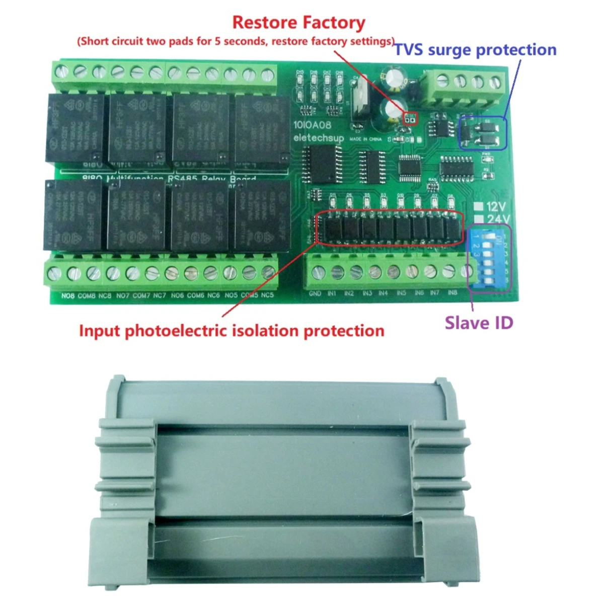 RS485 Relay Module Modbus RTU Function Code 01 05 15 02 03 06 16 DC 12V 24V 8I8O PLC IO Expanding Board UART