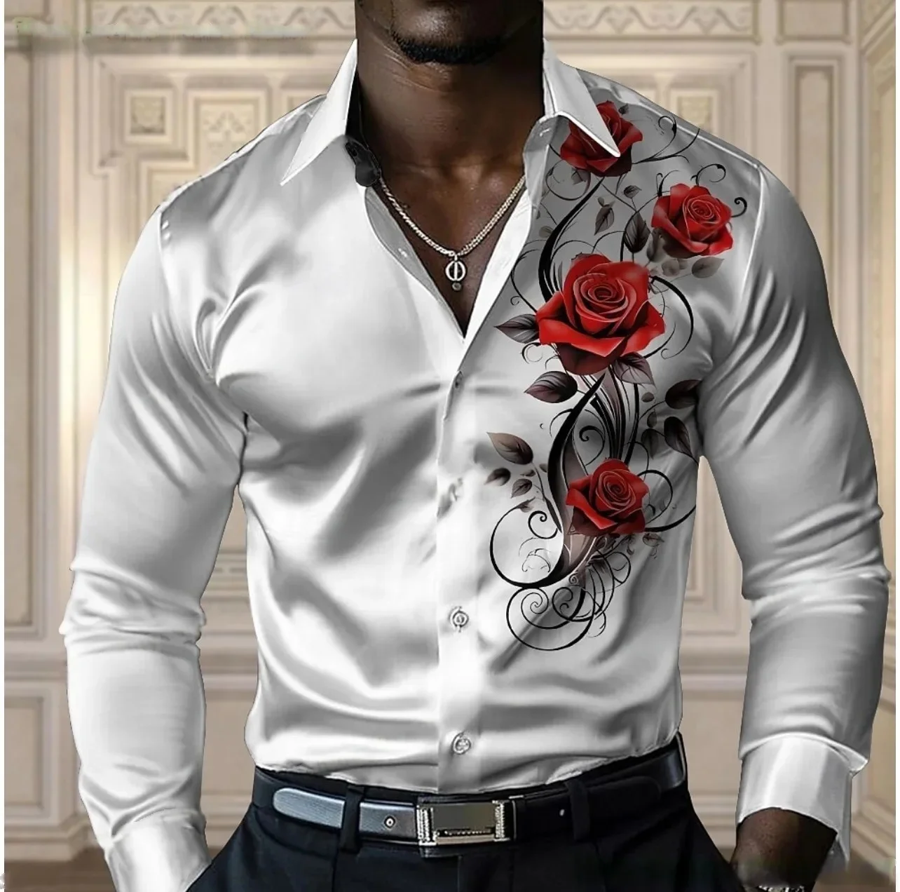 

The new men's rose high-quality shirt is casual and comfortable, with a long-sleeved collar and a fashionable large-sized design