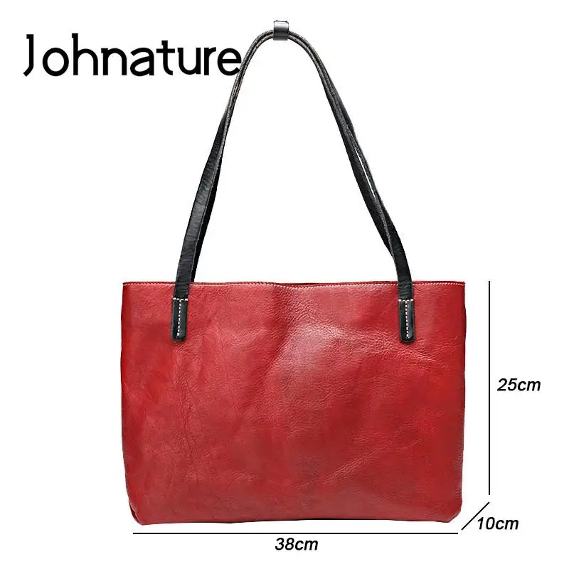 Borsa da donna di grande capacità Tote casual in vera pelle Johnature Borse a tracolla vintage in morbida pelle bovina naturale tinta unita semplice