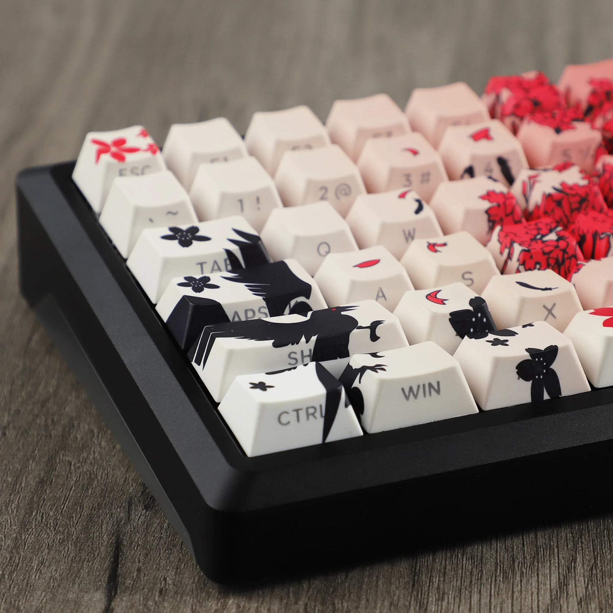 Imagem -05 - Ymdk 132 Raven Sakura Keycap Cereja Perfil Duplo Tiro Lateral Brilho Através de Teclas Pbt para Teclado Mecânico mx