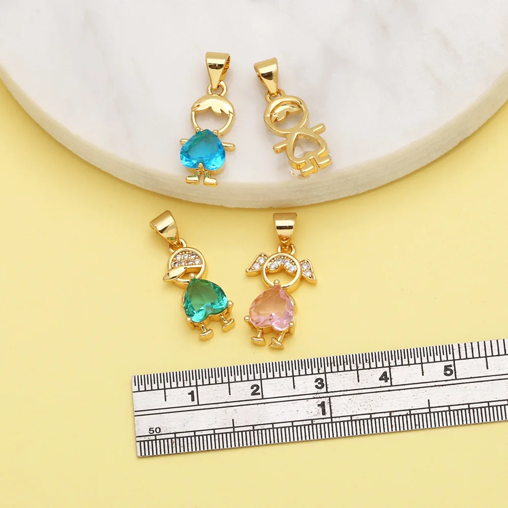 OCESRIO Cute Multicolor Crystal Heart Little Boy Girl Pendant for Necklaces Copper Gold Plated Jewelry Making Supplies pdtb615