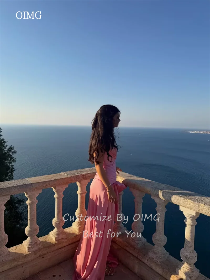 OIMG Graceful Pink Beaded Strap High/Low Prom Gowns V Neck Party Gown Side Slit Evening Dress vestidos de gala Customized