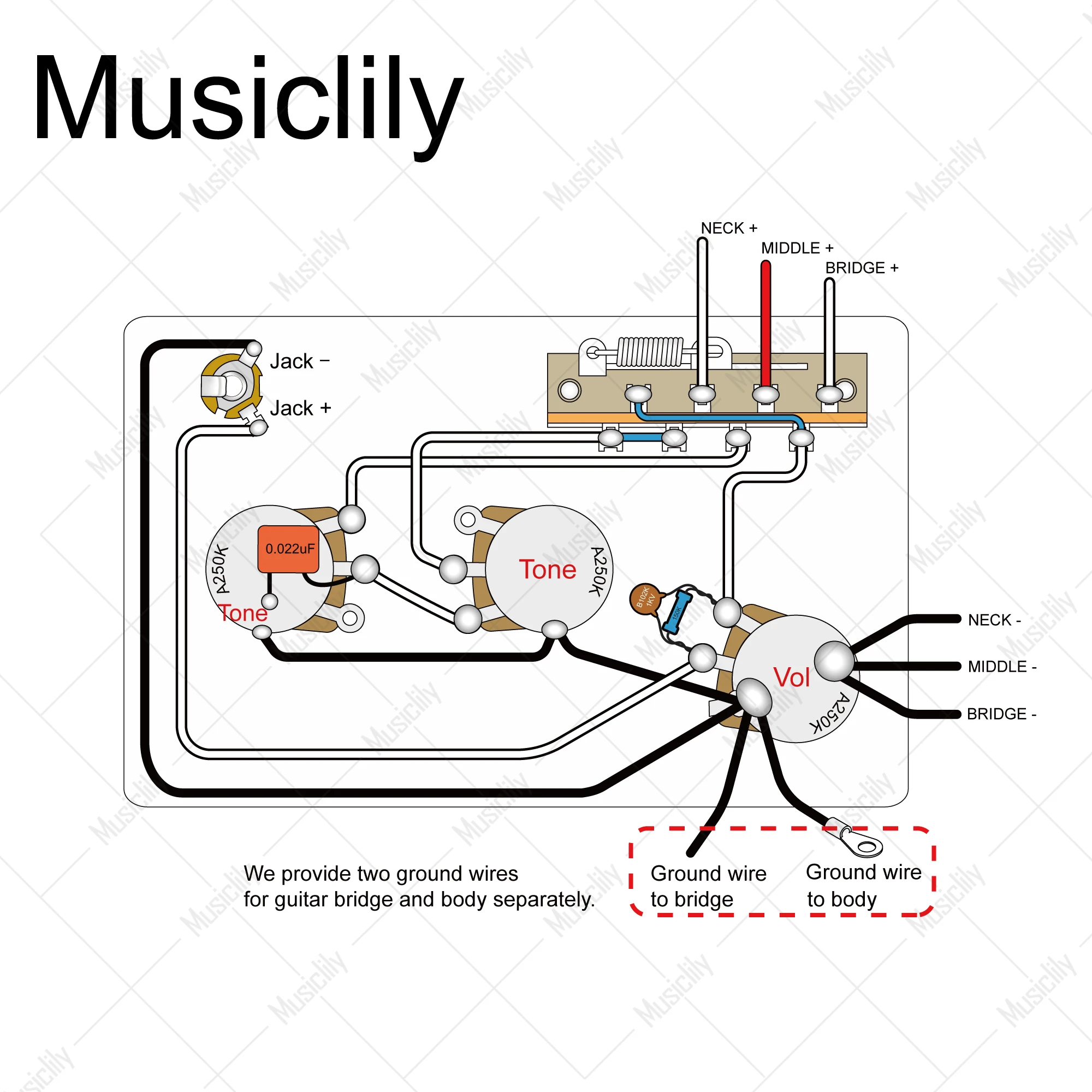 Musiclily Pro Electric Guitar Pre-wired Wiring Harness Upgrade for Import/American ST SSS with 5-Way Switch and 2A1B/3A Pots