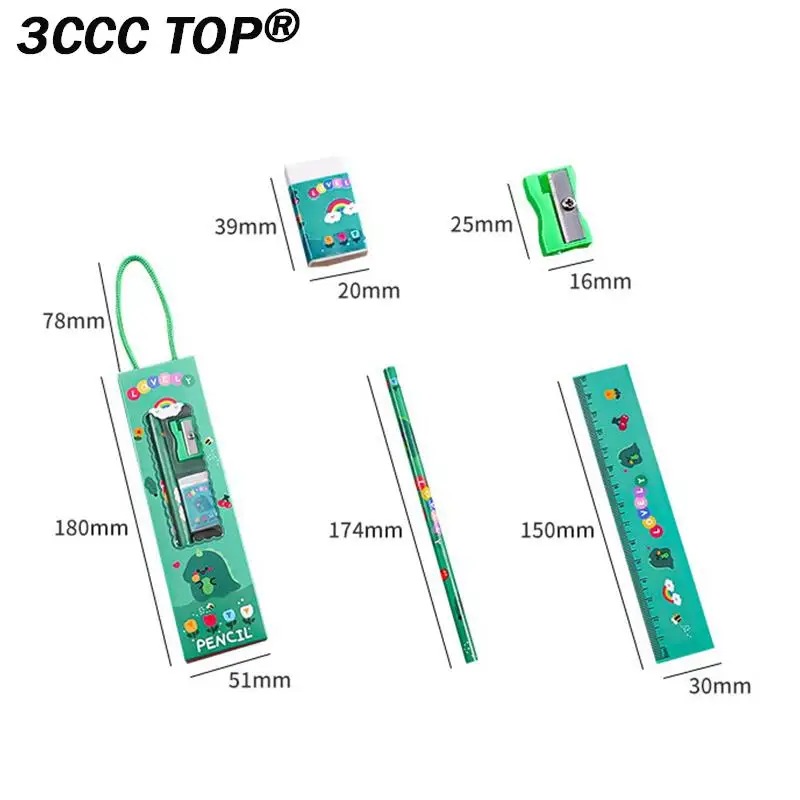 5Pcs/set Portable Stationery Set Cartoon Pencil Ruler Sharpener Eraser Set Gift For Kids School Office Writing Prize Stationery