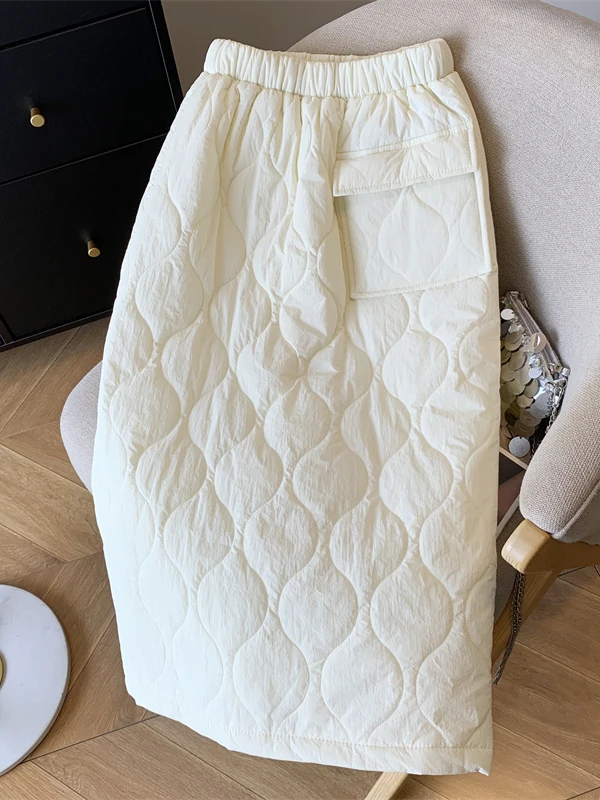 Thickened down Cotton Half Skirt Women's Winter Warm Mid-Length A-Line Wrap around Skirt with Slit One Step Straight Cut