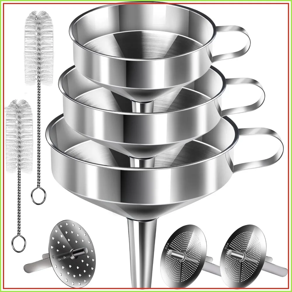 Stainless Steel Funnel Set, 3PCS Kitchen Funnels for Filling Bottles with Removable Strainer and Brushes