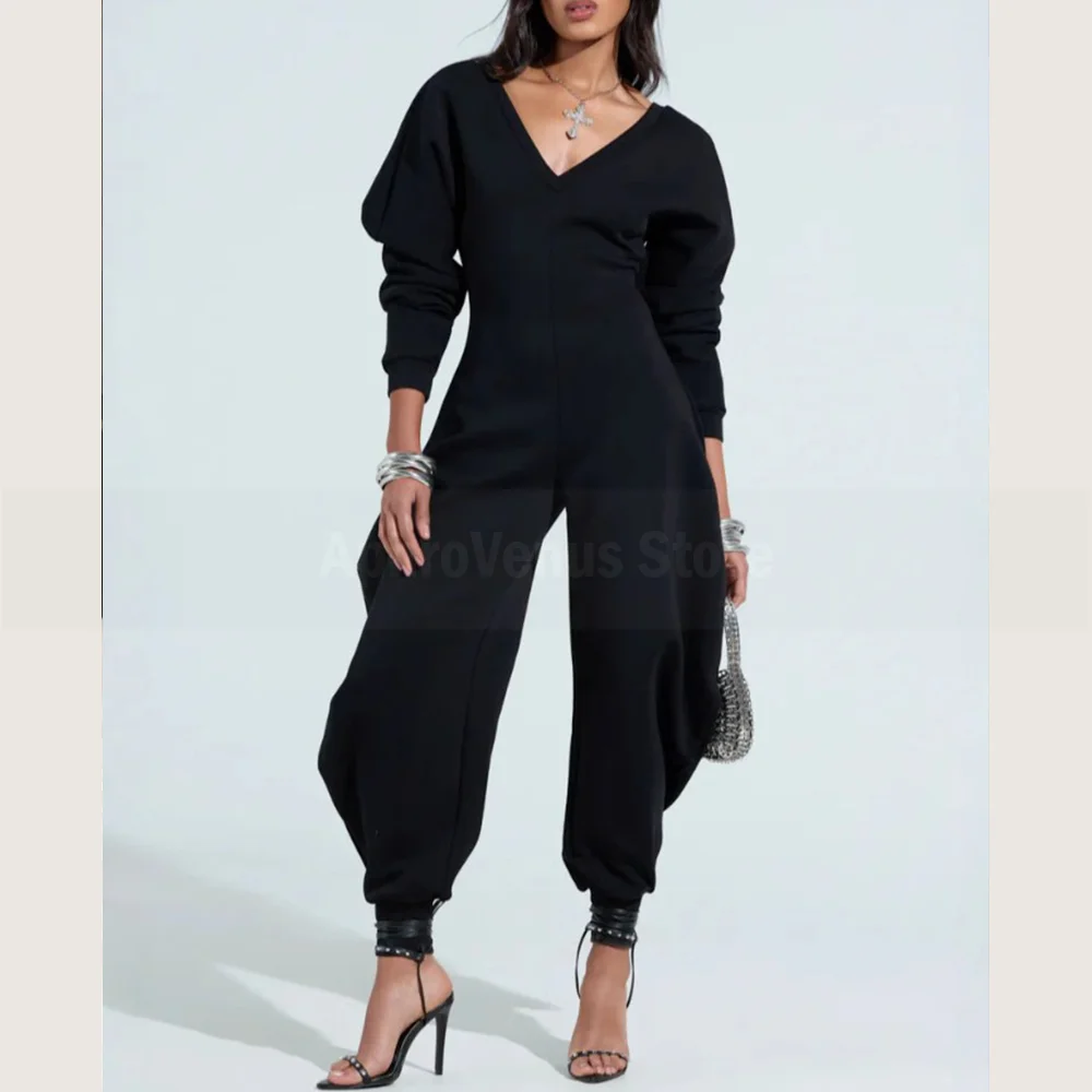 Frauen Einteilige Overalls Strampler Europäische Amerikanische Mode Knickerbocker Schlank V-ausschnitt Sexy Lange Ärmeln Herbst Winter Outfits
