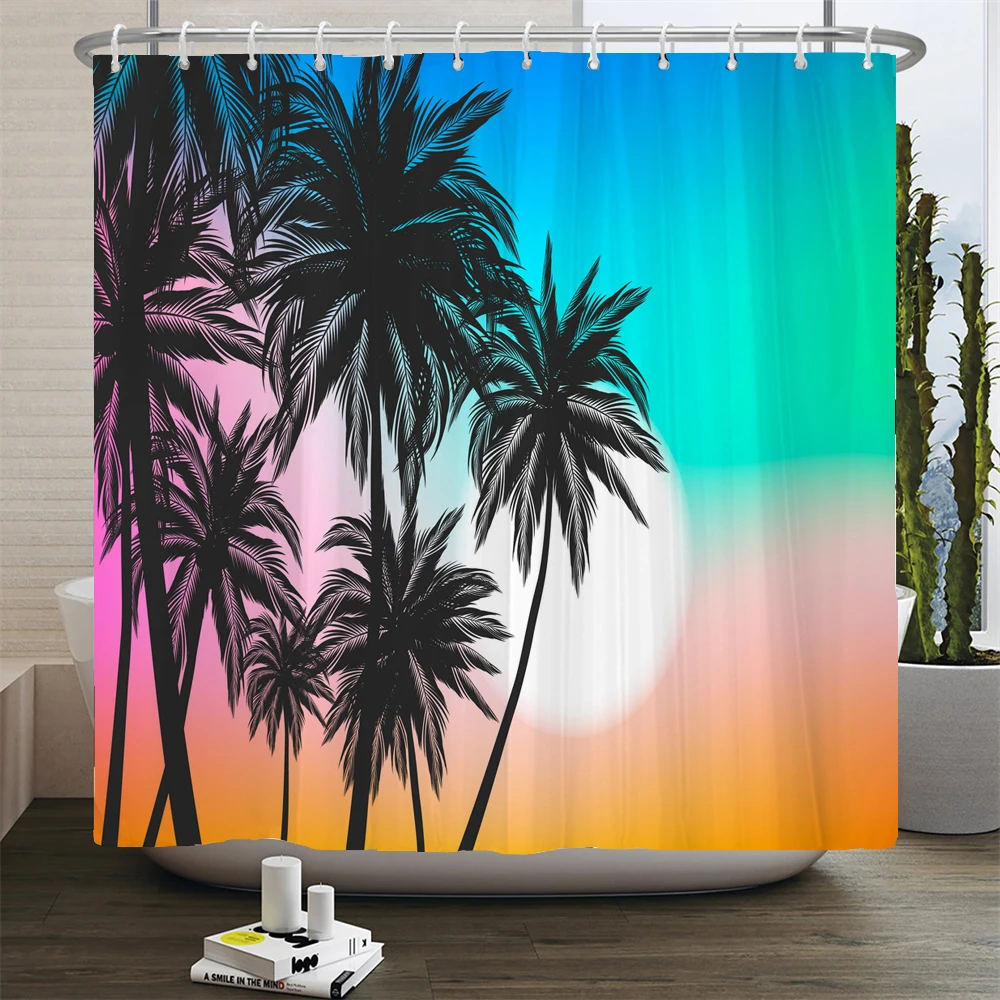 Beach Sunset Palm Trees Scenery 3D Printing Shower Curtain Polyester Waterproof Home Decor Curtain With Hooks large Size 300x180