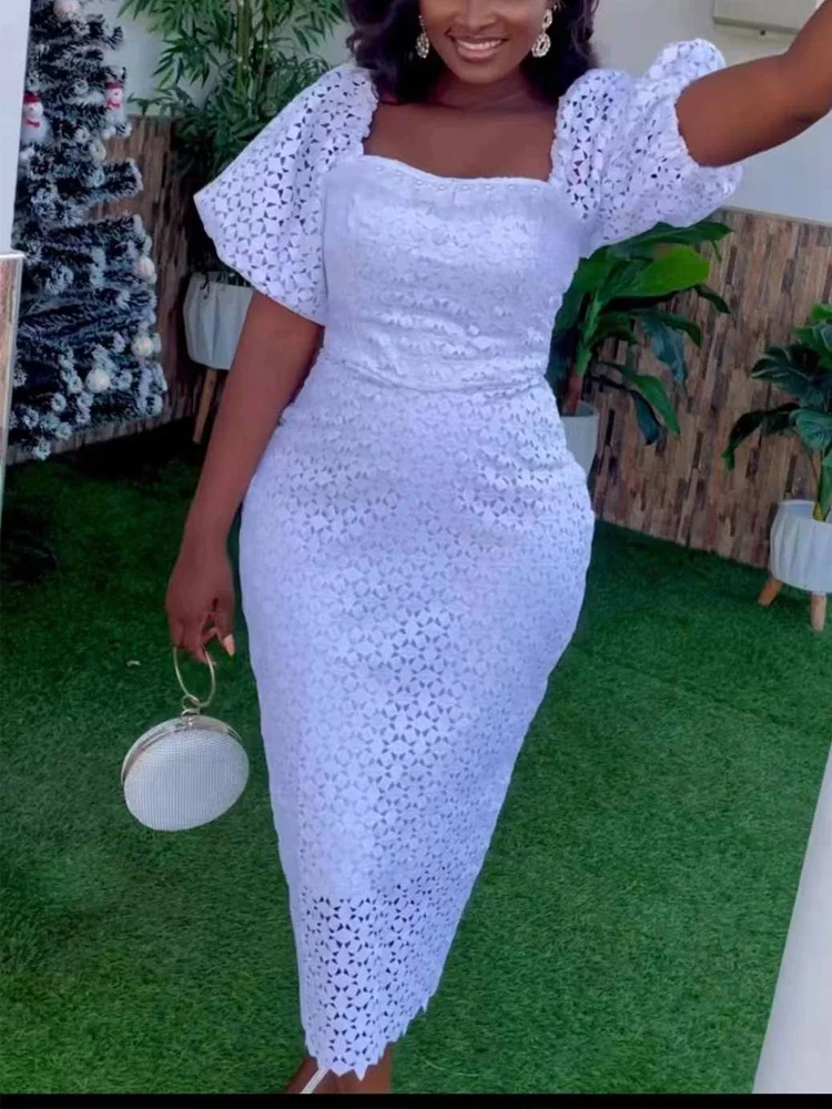 Dames Vintage Witte Kanten Jurk Chique Vierkante Hals Poff Mouw Zomer Elegante Bruiloft Gast Cocktial Verjaardag Kleding Xxxxl