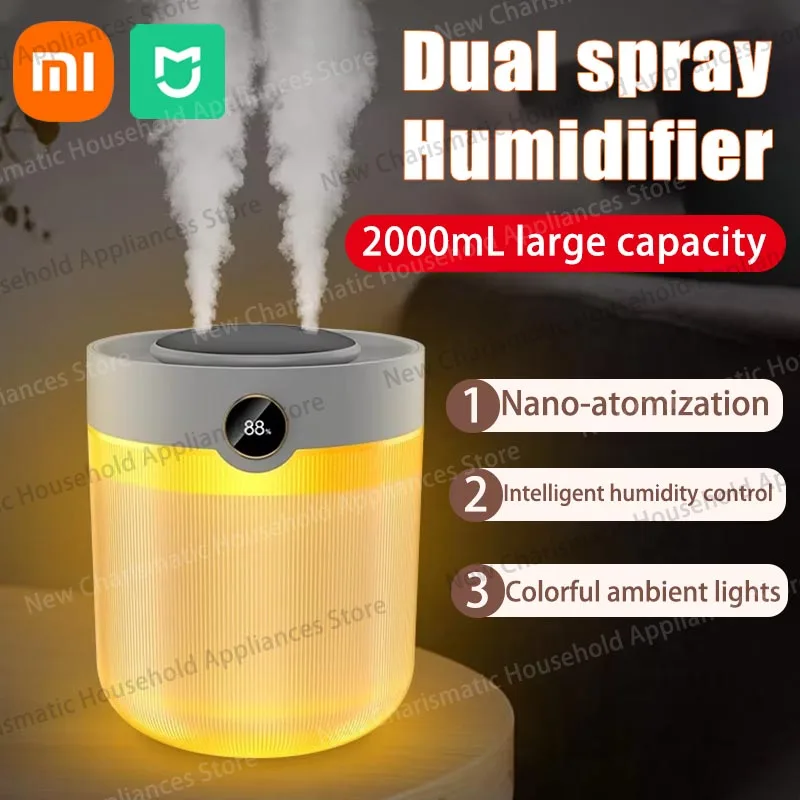 Xiaomi 2L سعة كبيرة ثقب مزدوج نانو ميست المرطب خزان كبير للغاية 7 ألوان ضوء الليل شاشة ديجيتال ذكية للمنزل والسيارة #2