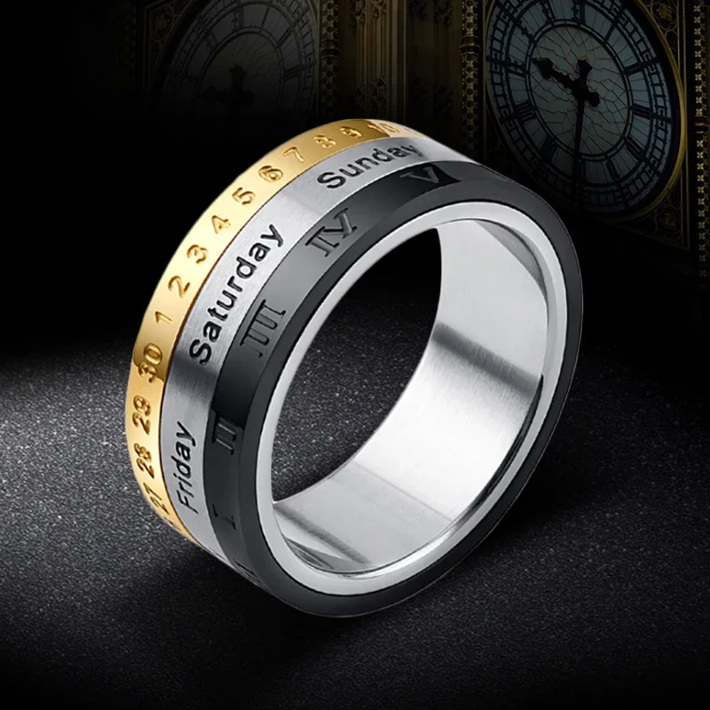 Titanium Steel Anxiety Fidget Ring Rotatable Finger Worry Ring for Men Spinner Date Time Calendar Roman Numerals Homme Punk Gift