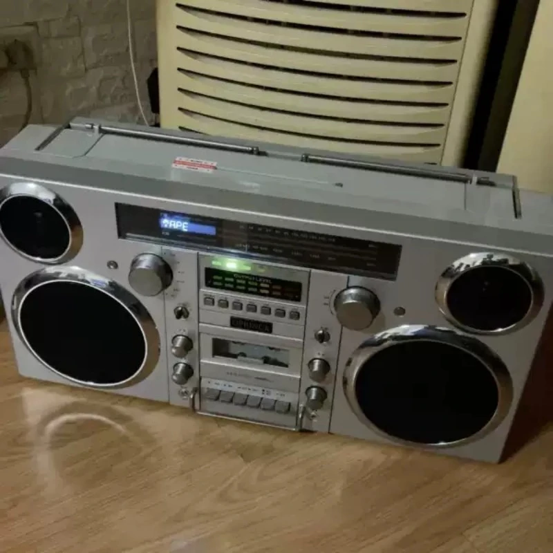 1980s Style Portable Boombox Silver with CD Player Cassette Player FM Radio USB Wireless Bluetooth Speaker