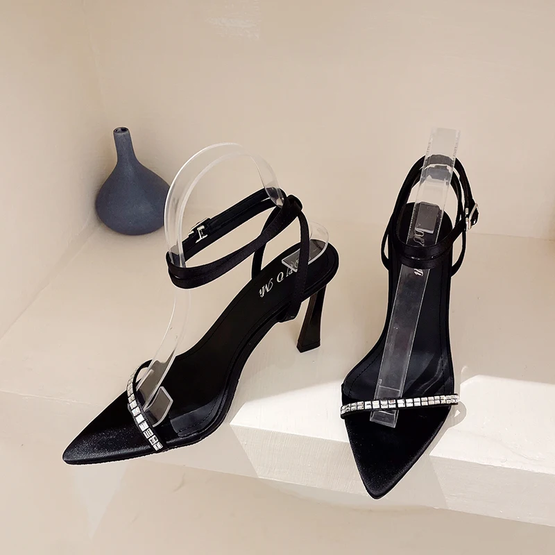 

ZOOKERLIN Pointed Rhinestone Ankle Strap Buckle Women's Sandals Stiletto High Heel Silk Black Sexy Party Shoes Size 35-41 Summer