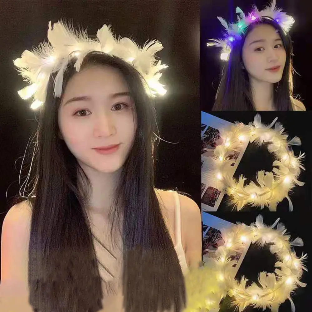 LED Feather Wreath Headband Light-Up Headband Luminous Headdress For Women Girls Wedding Christmas Halloween Glow Party