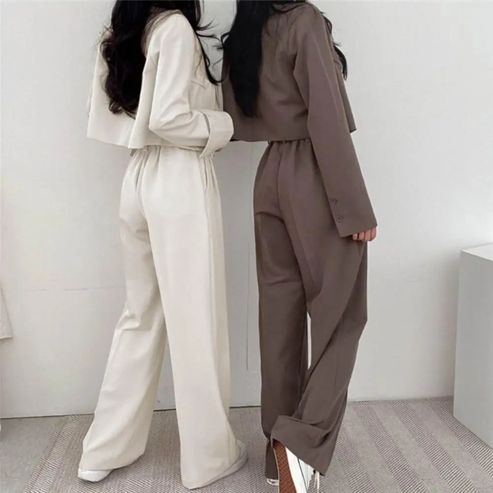 Women Cropped Blazers Pants Two-piece Set Korean Fashion Button Up Suit Jacket Wide Leg Pants Set Casual Lady Blazer Coat Set