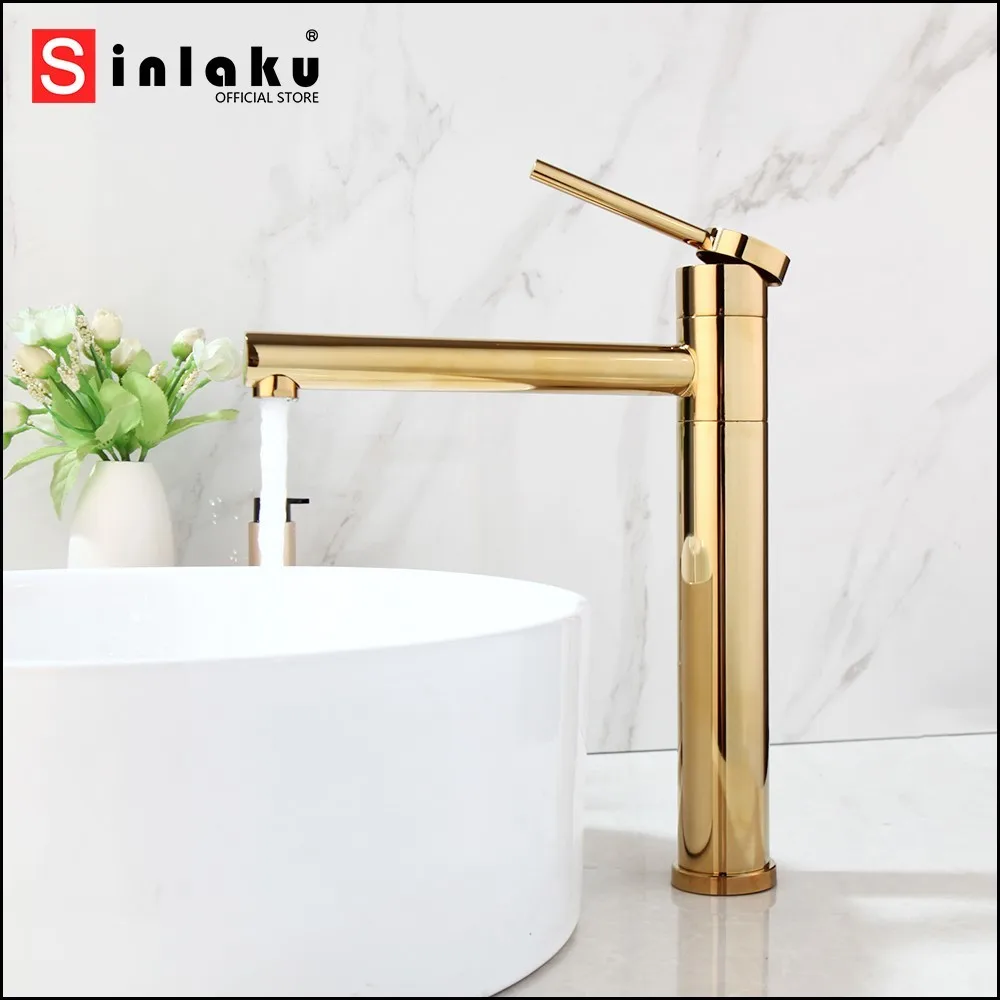 Robinet de lavabo SINLAKU plaqué or, à poser sur le comptoir, avec commande à levier unique pour un débit d'eau élégant, avec mitigeur eau chaude et froide