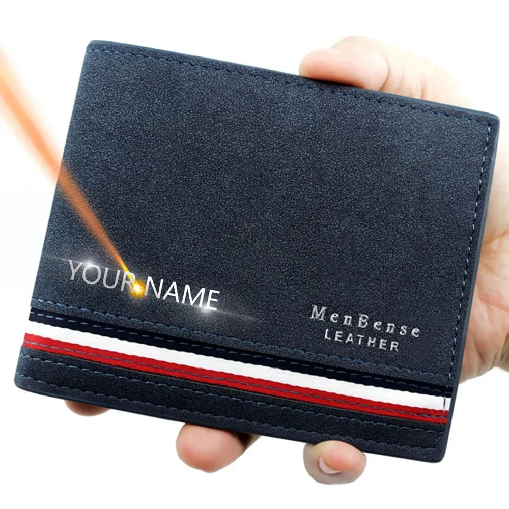 Carteras cortas con nombre personalizado para hombre, billetera de cuero PU con cremallera, bolsillo para monedas, tarjetero delgado con nombre grabado, monedero masculino de lujo