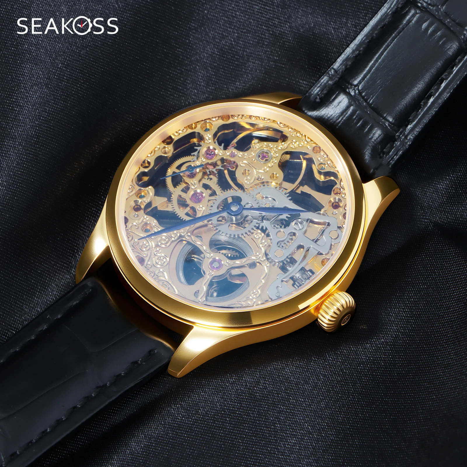 SEAKOSS Classic Piolt Herren Mechanische Uhr Origina Seagull ST3600SK Handbuchwerk Hohlgeschnitzter Saphir 316L ST Armbanduhren