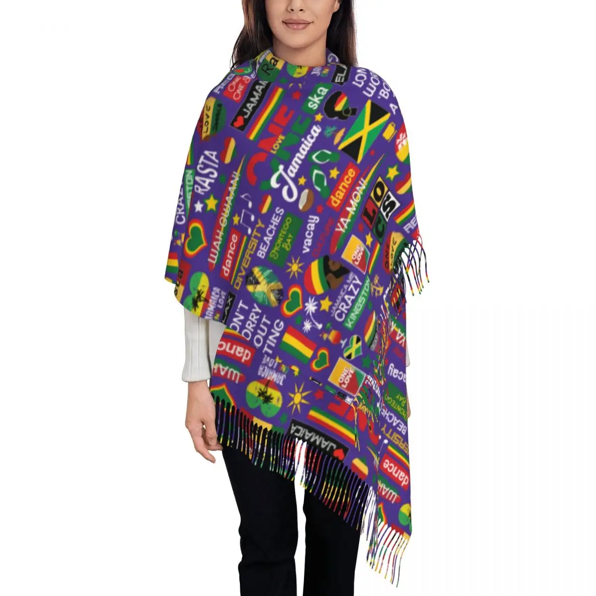

Custom Ladies Long Jamaica One Love Culture Pattern Scarves Women Winter Fall Soft Warm Tassel Shawl Wrap Scarf