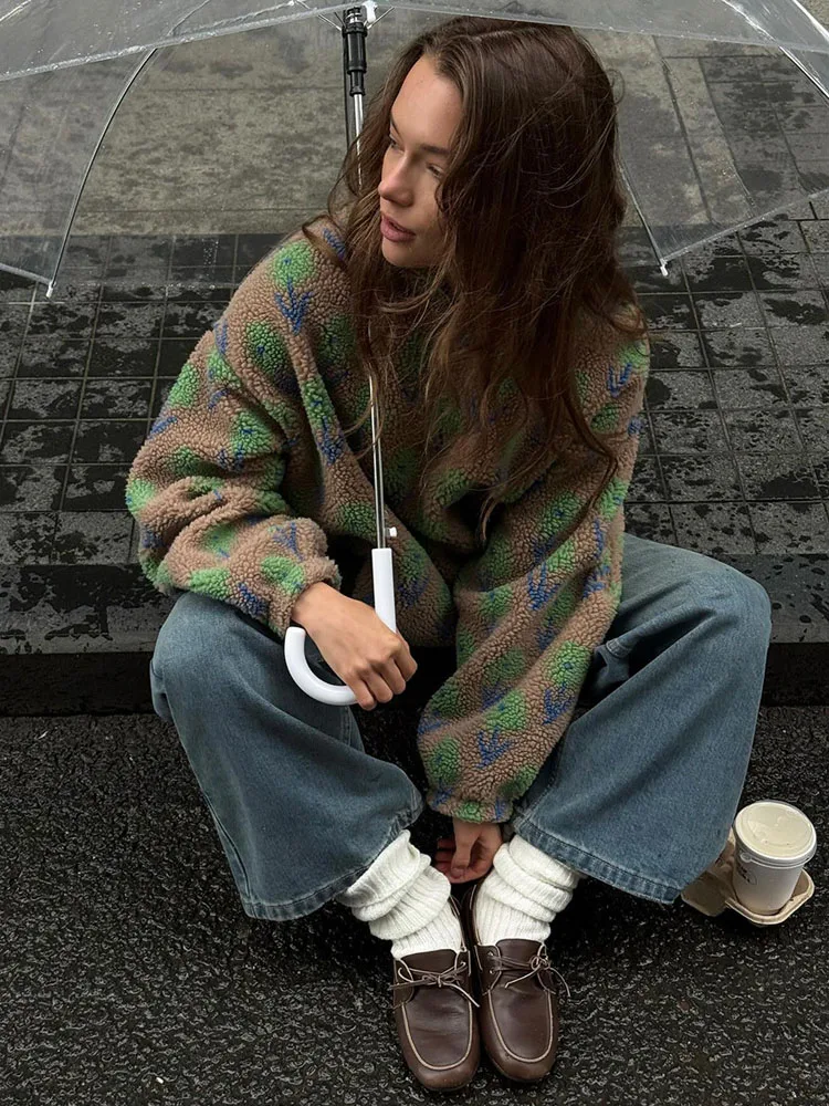 MCDV Bluzy polarowe z nadrukiem vintage, damska moda, kontrastowe, luźne bluzy z krótkim zamkiem, jesienno-zimowe, codzienne topy streetwear