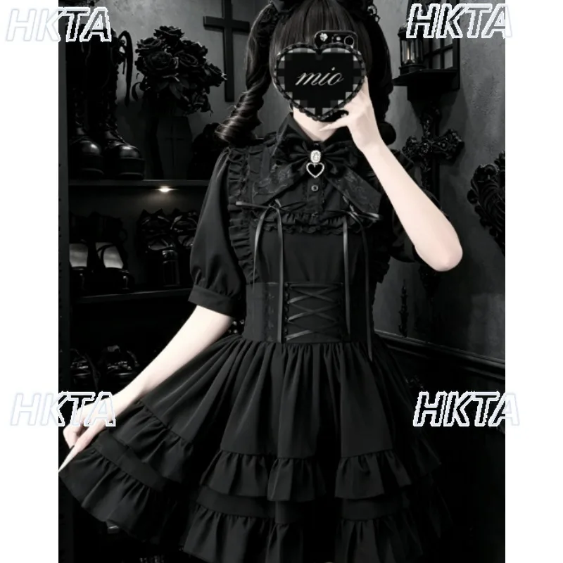 Dark Gothic Subculture Y2k Lace Bow Pleated Straps Short Sleeved Top High Waist Ruffle Cake Skirt Vintage Punk Black Suit Women