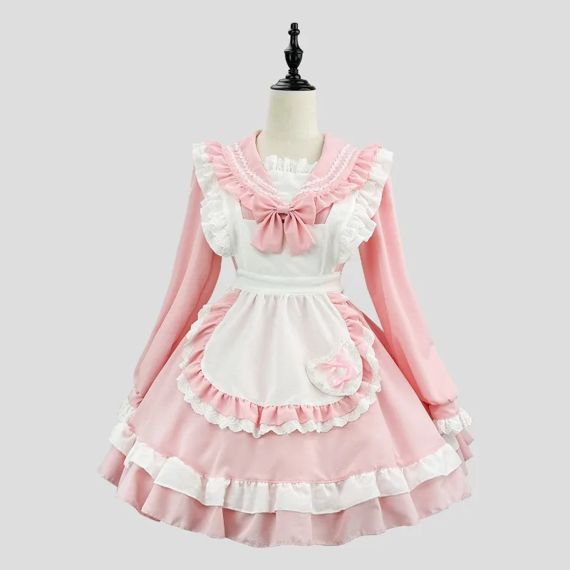 

Academy Sailor Lolita Costume Cosplay Pink Blue Long Sleeves Maid Cute Dress Japanese Style Uniform Aprons Full Set Women Girls