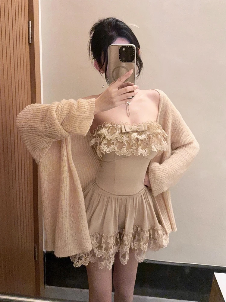 REDDACHiC Cutecore 3-piece Women Matching Set Bow Corset Tube Top Lace Trim Mini Skirt Knit Long Sleeves Cardigan Autumn Clothes