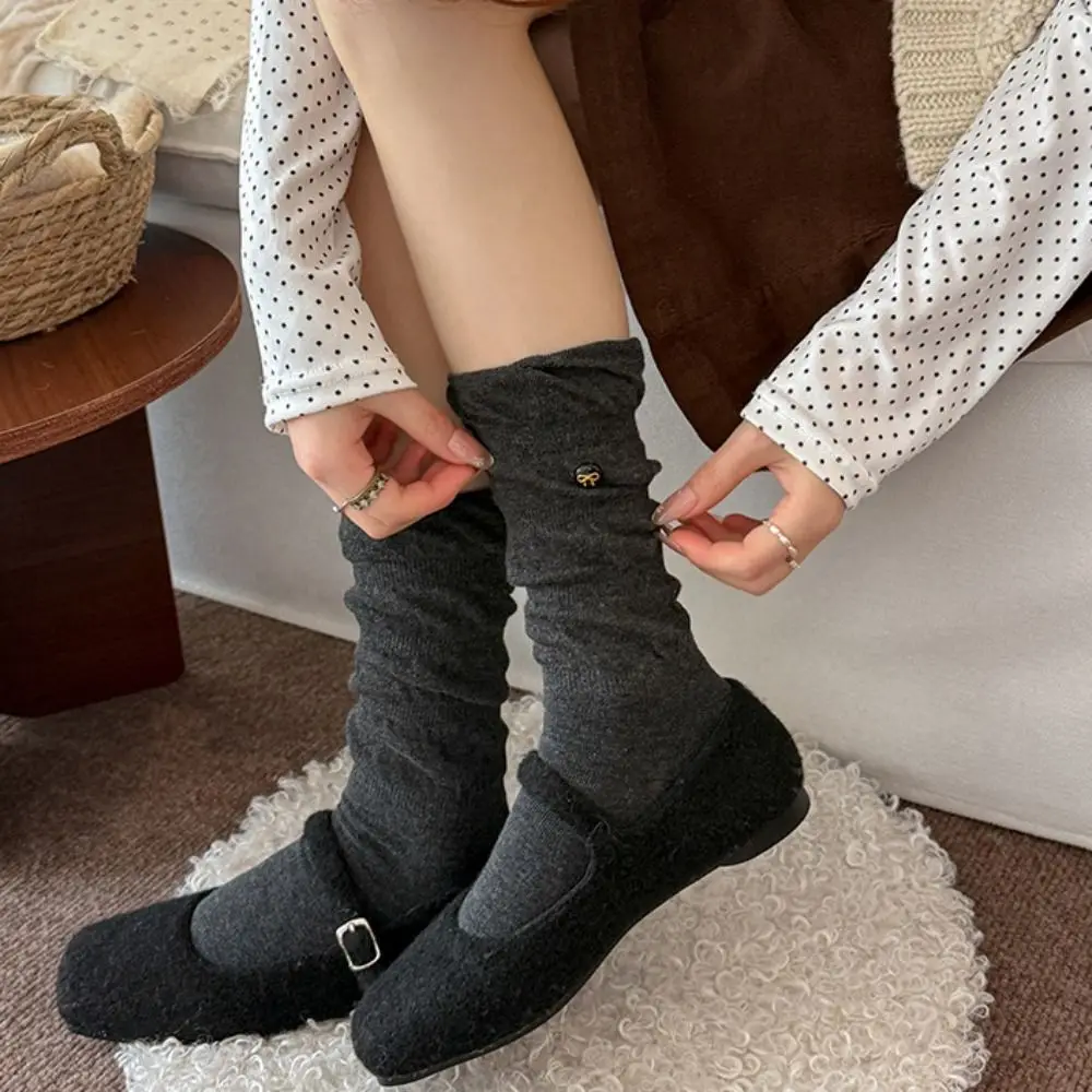 Cotton Blend Cotton Slouch Socks Bow Button Seamless Toe Mid-calf Knit Socks Sweat-wicking Breathable Winter Seamless Socks