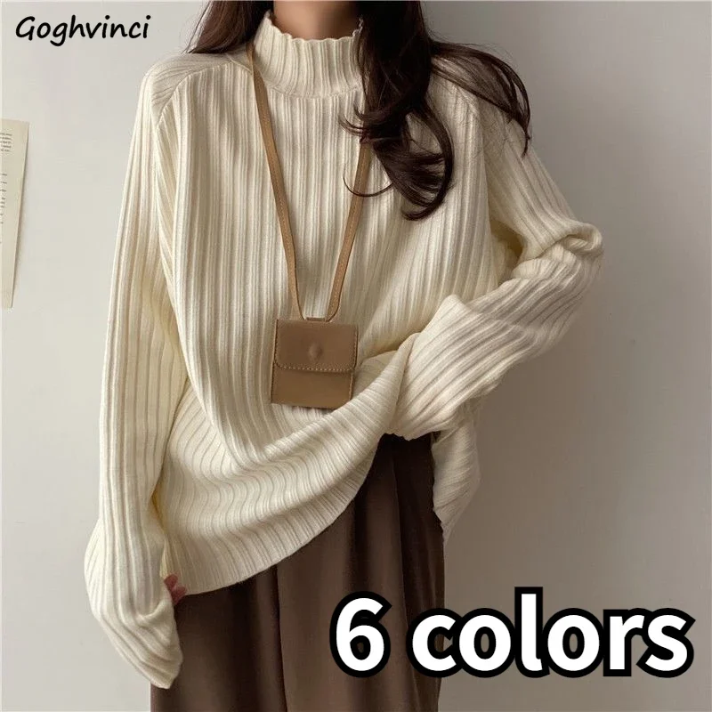 

Stand-up Collar Pullovers Women Solid 6 Colors Simple Prevalent Vintage All-match Autumn Breathable Young Students Warm Sweet