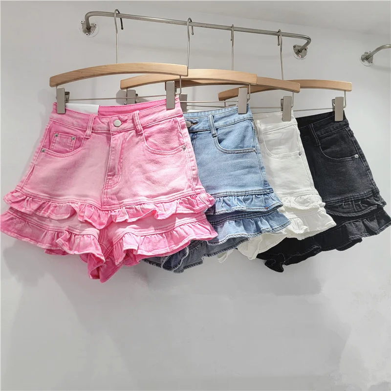 Denim Shorts Pants Y2K KoreaSweet Ruffled Women Summer Super Pretty Stretchy Versatile High Waist Slim Loose Wide Leg Pants New