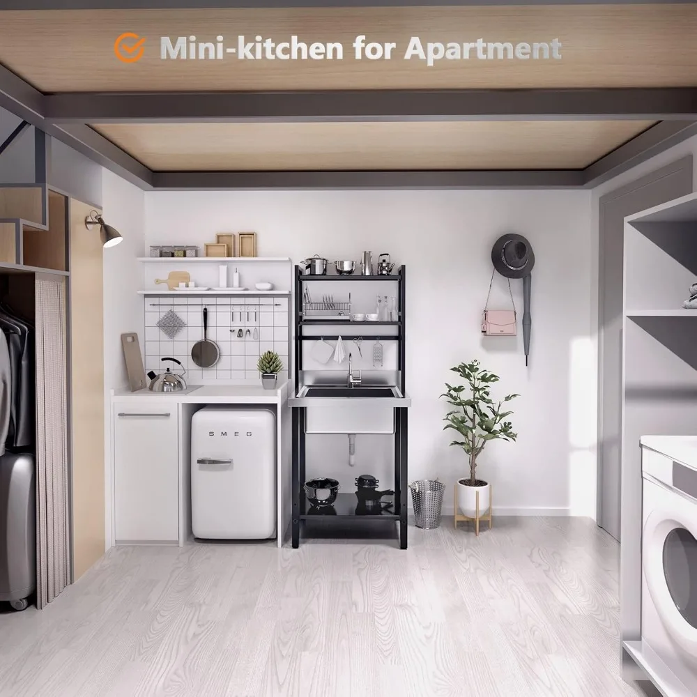 Pia comercial de aço inoxidável 304 de 67 "h com prateleiras ajustáveis e haste de suspensão com ganchos, pia utilitária independente para