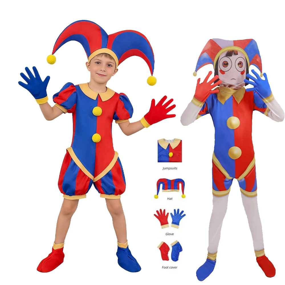 Combinaison de cosplay pour enfants avec chapeau, couvre-chaussures, gants, tenues de cirque virtuel magique pour Halloween, carnaval, costumes de cirque Pomni
