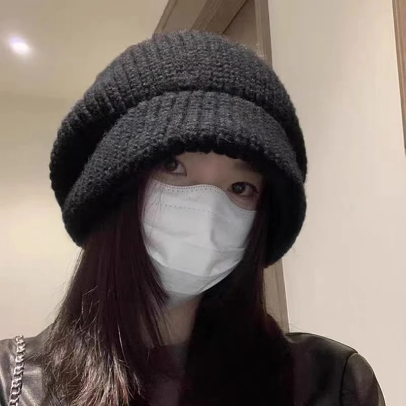 Big Head Style Face-Slimming Black Korean-Style Knit Hat Winter Warm Ear-Protecting Soft and Skin-Friendly Versatile Beanie