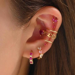Gold Color Simple Heart Zircon Ear Cuff Clip on Earring for Women No Pierced C Shape Pink Crystal Earcuff Ear Wrap Clips Jewelry