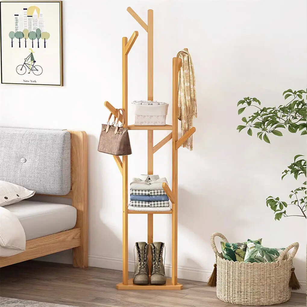 Floor Tree Clothes Coat Hanger Rack Garment Storage Stand with 10 Hanging Hooks and Shelf