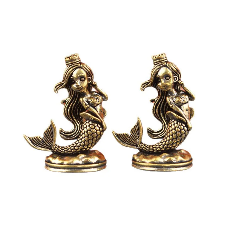 تمثال حورية البحر النحاسي الساحر ​   - تمثال مخلوق البحر لديكور بيت الدمى المصغر، مجموعة عرض سطح المكتب المحيطي