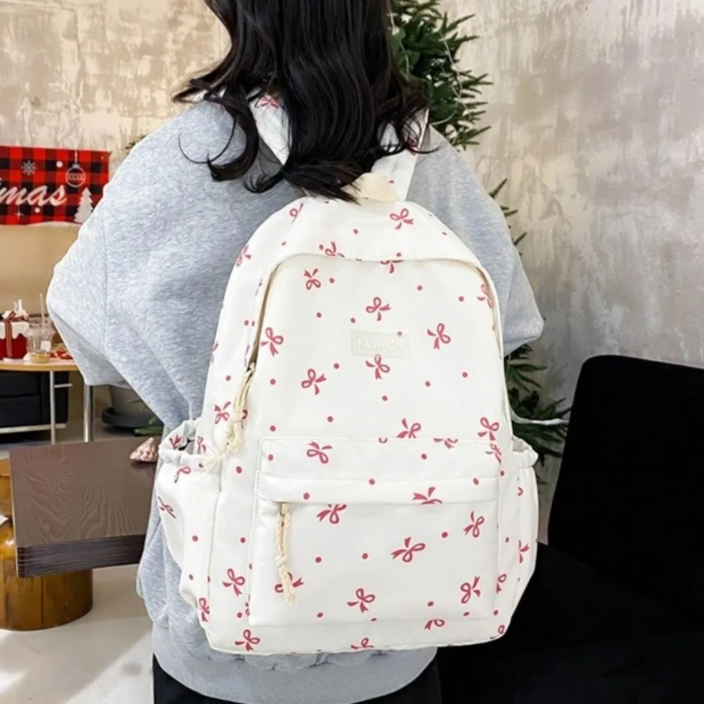 Nylon Material Bow Print Backpack Adjustable Straps Quilted Design Large Capacity School Bag Multi-Pocket Harajuku