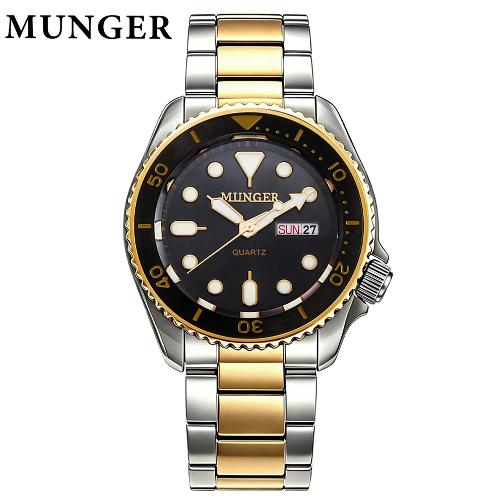 MUNGER Hot Men's Business Quartz Watch 100m Waterproof Ceramic Bezel BGW9 Super Luminous Luxury Men's Stainless Steel Watch