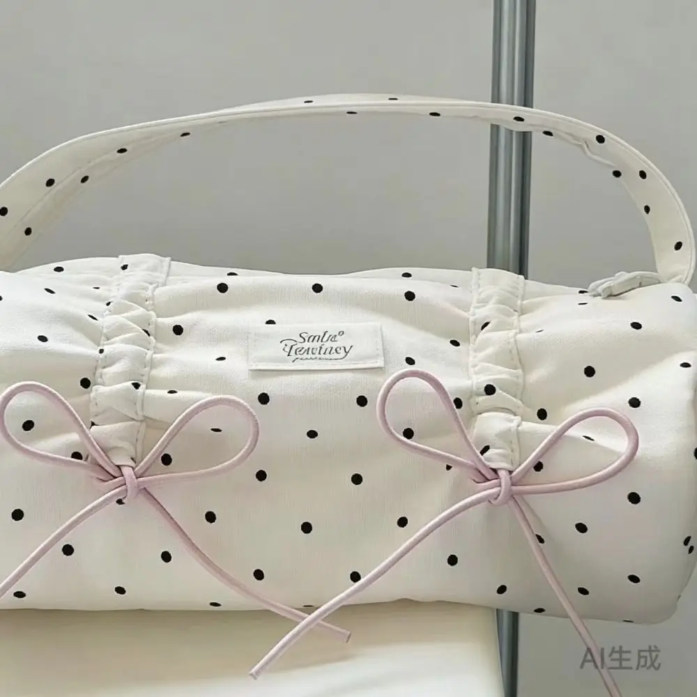 INS Polka Dot Bow Design Pencil Case Handheld Portable Pen Bag Large Capacity Stationery Pouch Gift