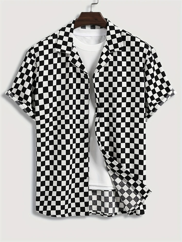 

Hawaii Fashion Black And White Plaid Shirt Summer Simple Daily Men's And Women's Lapel Button Down Tops Oversized Cool Casual