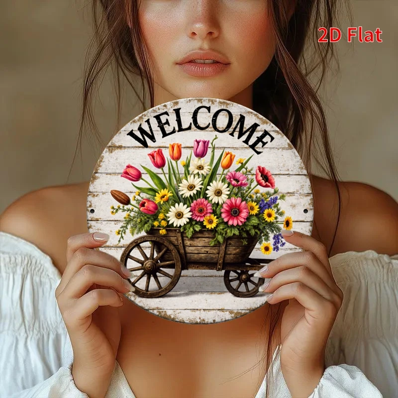 2D Flat Printing, Retro Round Wooden Sign - Flower Cart Welcome Theme, Indoor/Outdoor Home, Porch, Garden, Cafe Decor - No Elect