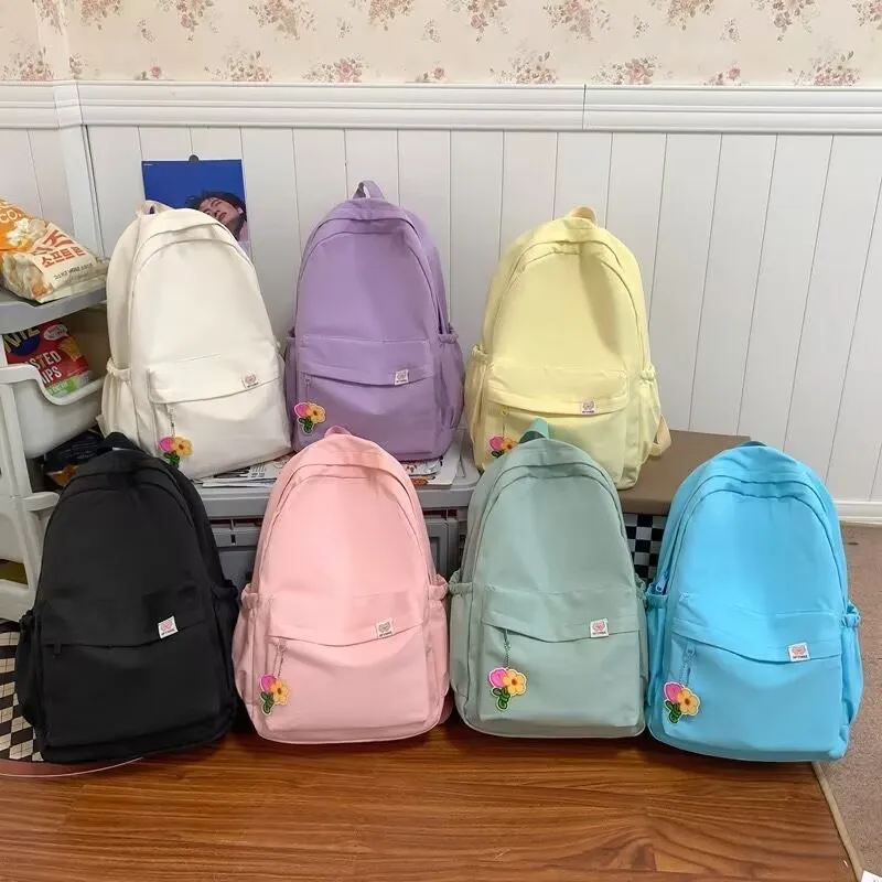 Pastel Color Teen Girls Backpack Nylon Large Capacity Multi Side Pockets Simple Casual Daily School Campus Travel Daypack