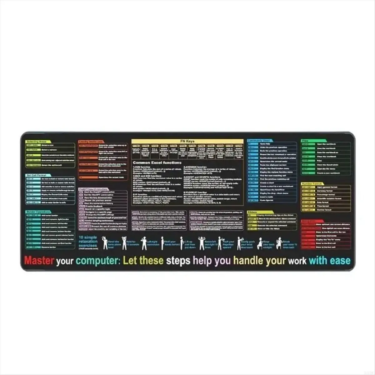 A48U English Mouse Pad Excel Text Editor Cheat Sheet Shortcut Mousepad for Programing Non-Slip Desk Mat 30x80x0.3CM