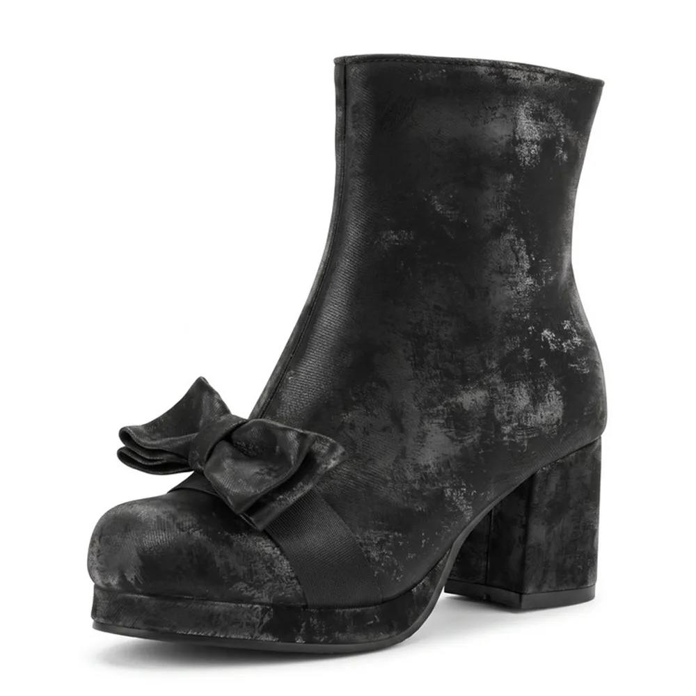 Women Vintage Distressed Bow Ankle Boots Side Zipper Platform Chunky Heel Fashion Boots Plus Size 32-48 BK7683-2