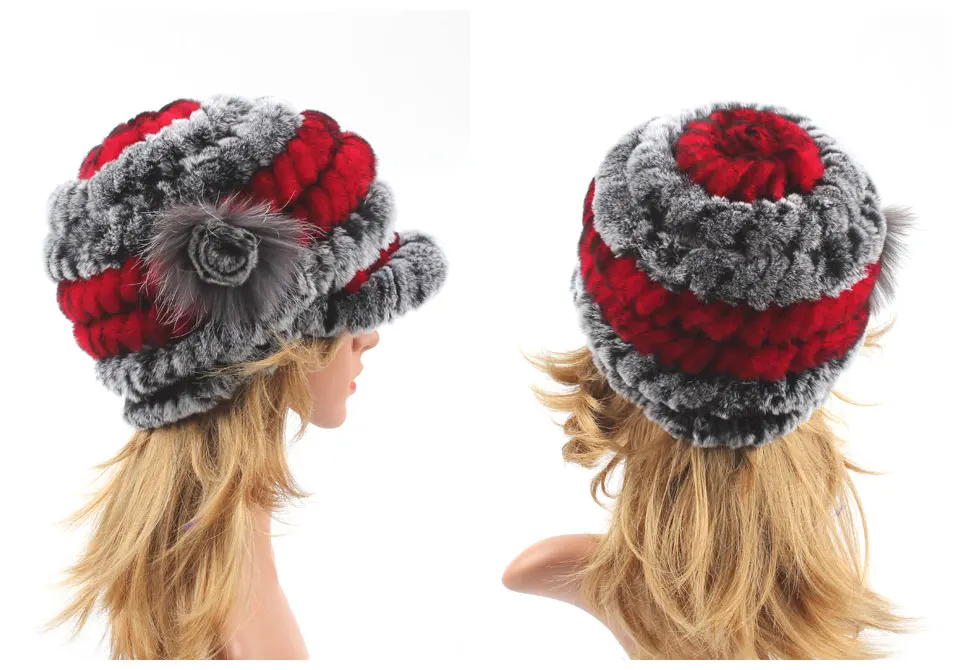 Winter Pelz Hüte für Frauen Rex Kaninchen Fell Elastische Gestrickte Hut mit Blume Pelz Hut Großhandel Baseball Kappe Weibliche Echtpelz Bonnets – Detail 19